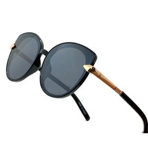 Black Round Cat Eye Sunglasses Black with Gold Accent Trendy Fashion Eyewear New